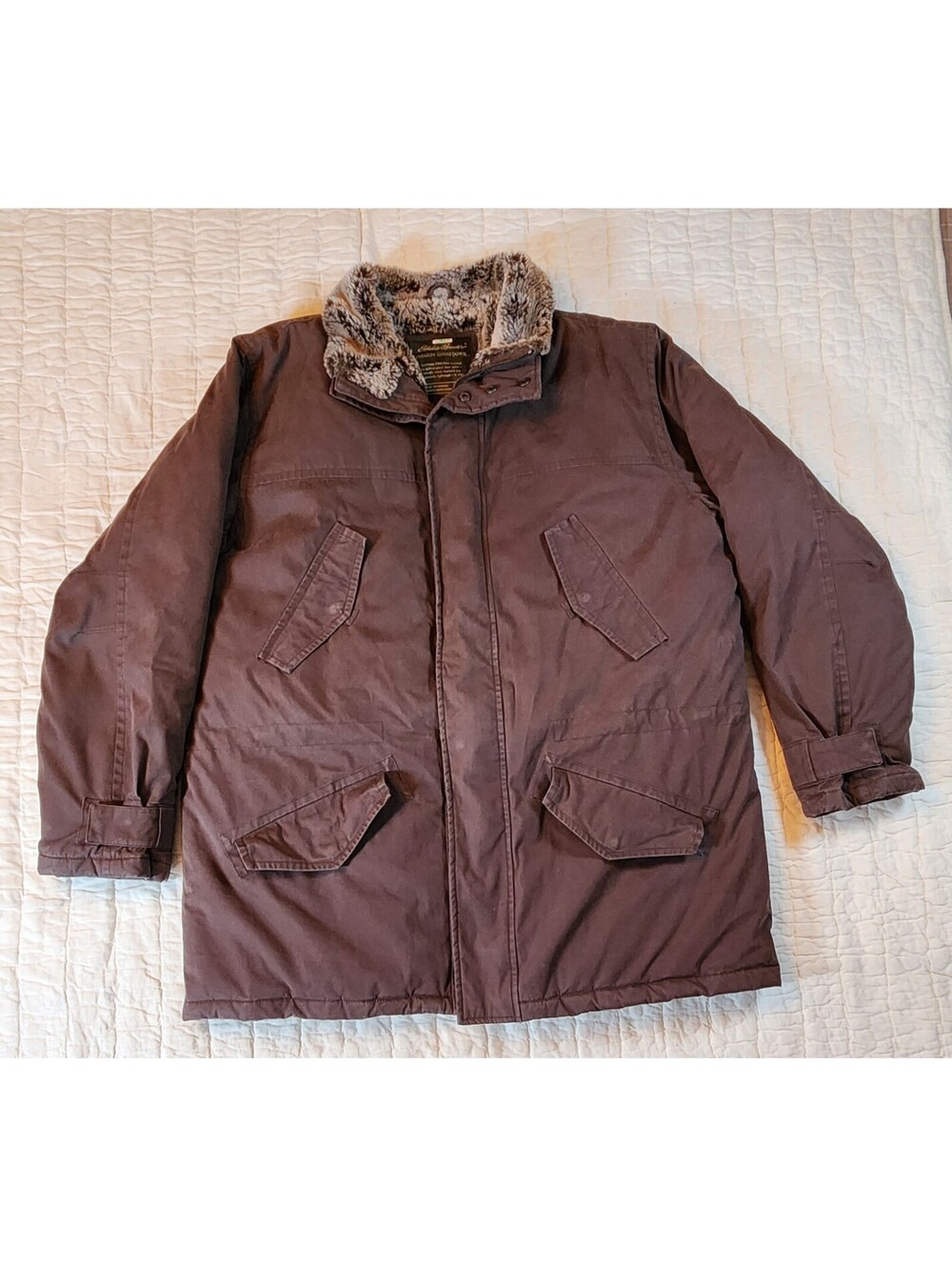 VTG Eddie Bauer Mens Down Parka XL Brown Faux Fur Lining Prem Goose Down Heavy